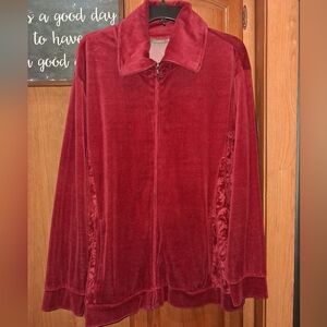 Jane Ashley Velvet Zip-Up Jacket in Rich Red In A Size 2X In Excellent Condition